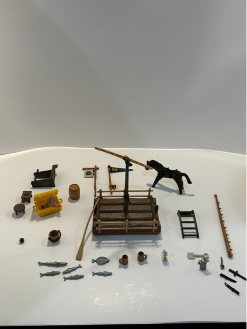 Vintage Playmobil 3748 Western Bandits Log Raft Crane Horse Camp Accessory Lot